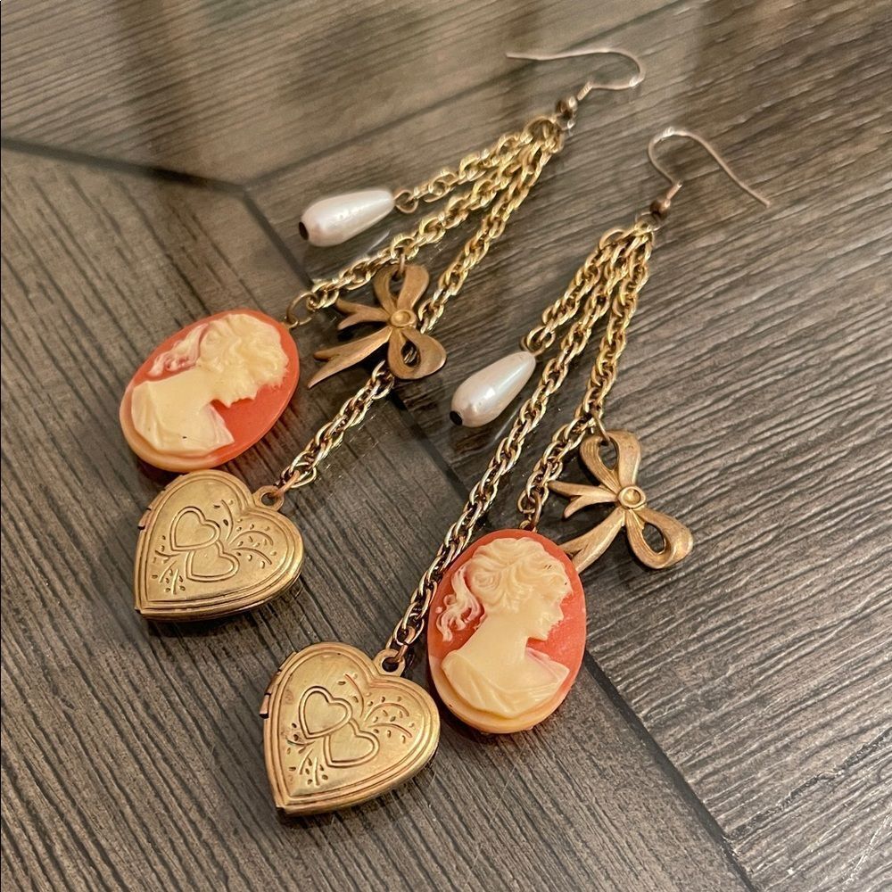 Vintage Long Dangle Heart Locket, Cameo & Bow Earrings